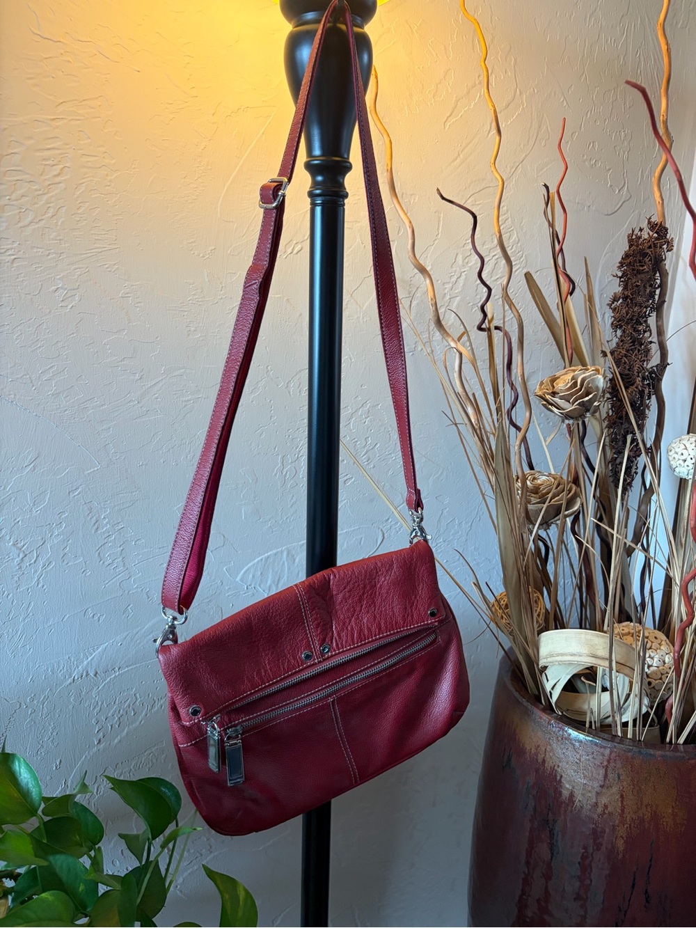 Tignanello Stylish Red Leather Bag with Front Zip Pocket